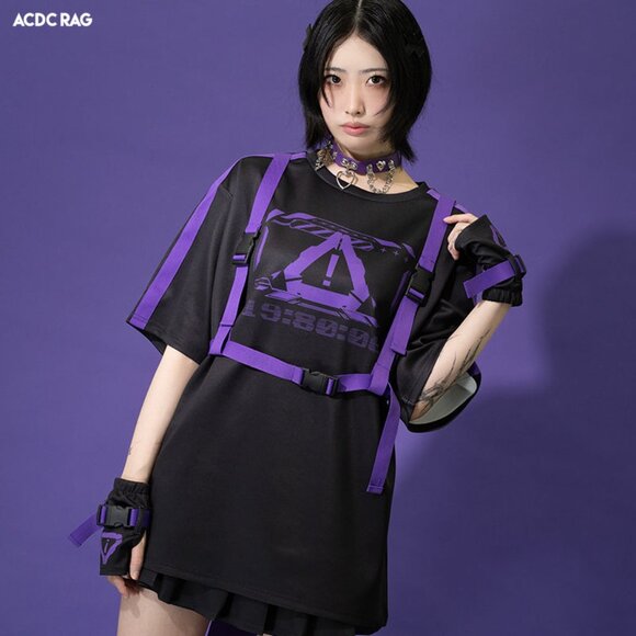 ACDC RAG - Error Code Cyberpunk Tech Oversized Black Purple Tee - Picture 3 of 9